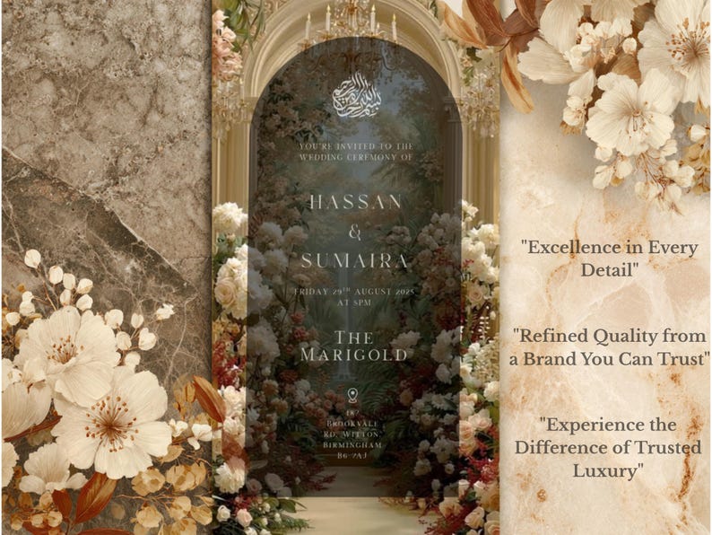 May include: Elegant wedding invitation featuring floral arrangements and gold accents. The invitation includes the names Hassan & Sumaira, the date, time, and venue, "The Marigold". The design incorporates text: "Excellence in Every Detail".