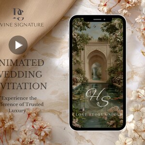 May include: An animated wedding invitation displayed on a smartphone, featuring a serene scene with a water feature and lush greenery. The text reads "Animated Wedding Invitation" and "Experience the Difference of Trusted Luxury". The initials "HS" are displayed.
