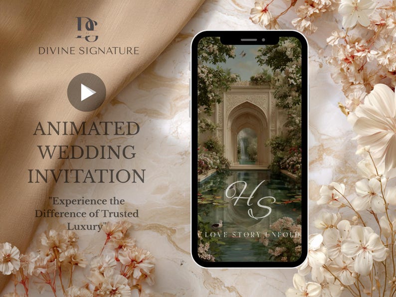 May include: An animated wedding invitation displayed on a smartphone, featuring a serene scene with a water feature and lush greenery. The text reads "Animated Wedding Invitation" and "Experience the Difference of Trusted Luxury". The initials "HS" are displayed.