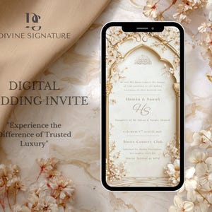 Convite de casamento islâmico digital floral em arco bege/dourado arabesco, Nikah/Walima bege, download instantâneo, design árabe paquistanês
