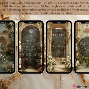 May include: Four smartphone screens displaying animated wedding invitations. The designs feature floral arrangements, architectural elements, and text including "HS LOVE STORY UNFOLD", "HASSAN & SUMAIRA THE MARIGOLD", "DETAILS", and "SAVE THE DATE 29.08.2025".