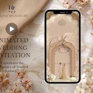 Puede incluir: Una invitación de boda animada mostrada en un smartphone. El diseño es beige y dorado, con un arco y detalles florales. El texto dice "Animated Wedding Invitation" y "Experience the Difference of Trusted Luxury."