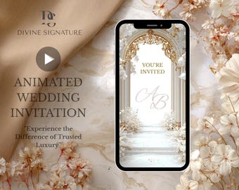 May include: An animated wedding invitation on a smartphone screen, featuring a gold and white design with the text "You're Invited" and initials. The image includes the text "Animated Wedding Invitation" and "Experience the Difference of Trusted Luxury".