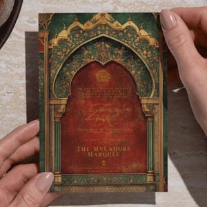Mughal ontwerpsjabloon Perzische motieven islamitische digitale bruiloft uitnodigen Nikah/Walima E-Invite Instant Download Arch Design Pakistaans Arabisch
