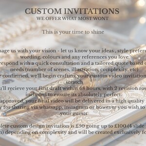 May include: Image promoting custom video invitations. Text reads "Custom Invitations, We offer what most wont, This is your time to shine." Includes a pen on a decorative surface with text describing the process and features.