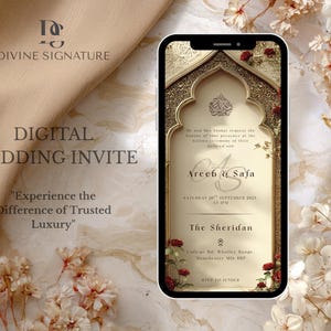 Puede incluir: Invitación de boda digital en la pantalla de un smartphone. El diseño presenta detalles dorados, elementos florales y los nombres "Areeb & Safa". El texto incluye "The Sheridan" y la fecha "20 de septiembre de 2021".