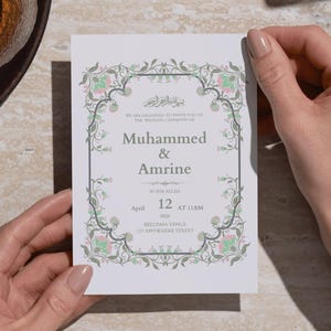 Elegante boho islamitische digitale huwelijksuitnodiging roze en groen lente bloemen Nikah/Walima E-Invite Instant Download aangepaste uitnodiging