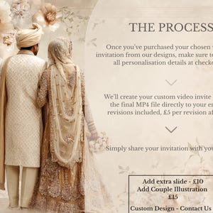 May include: A couple in traditional wedding attire, viewed from the back, stands before a floral background. The image includes text about custom video invitations, including details about personalization, revisions, and sharing with guests.