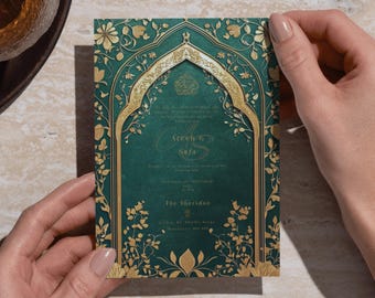 Arabesque Emerald Green Islamische Digitale Blumen Hochzeitseinladung Gold Nikah/Walima E-Invite Instant Download Benutzerdefinierte Einladung Bogen Design