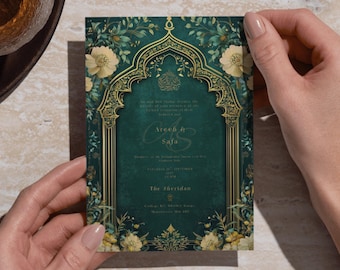 Arabesque Emerald Green Islamische Digitale Hochzeitseinladung Gold Blumen Nikah/Walima E-Invite Instant Download Benutzerdefinierte Einladung Arch Design