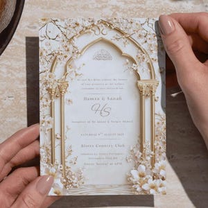 Arabesque Beige/Gold Arch Islamitische digitale bloemen bruiloft uitnodiging Beige Nikah/Walima E-Invite Instant Download Pakistaans Arabisch ontwerp