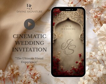 Arabesque Red Roses Islamic Digital Wedding Invitation Gold Nikah/Walima E-Invite Instant Download Custom Invitation Beige Stone Arch Design