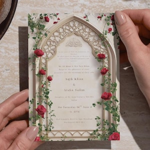 Arabeske Rote Rosen Islamische Hochzeitseinladung Beige Nikah/Walima E-Invite Sofort Download Benutzerdefinierte Einladung Steinbogen Design