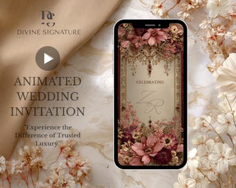 Mughal South Asian Pink Flowers Islamic Digital Wedding Invitation Video Nikah Walima E-Invite Pakistani Indian Wedding Card Red Florals