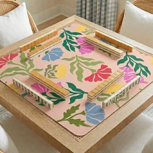 Mahjong Playing Mat Table Protector Surface Pink Floral Design Neoprene Game Pad Non Slip Backing Fabric Top Layer Stitched Edges Rounded Corners Square Gaming Surface Tile Playing Area Accessories Gift Ideas Player Birthday Present