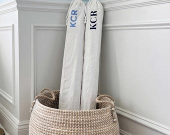 Bolsa para tapete de mahjong, almacenamiento de lona con cordón, bolsa para fichas de juego color marfil, estuche de transporte con monograma personalizado, diseño de impresión de texto personalizado, ideal para viajes.