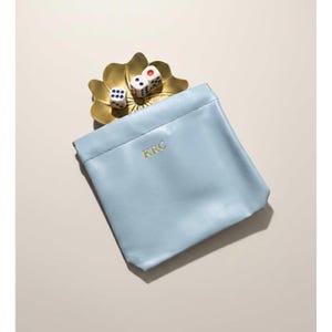 Game Night Accessory Set Mahjong Dice Storage Personalized Leather Pouch Magnetic Closure Feature Custom Monogram Option Elegant Brass Dish Included Lotus Flower Design Beautiful Gold Foil Details Multiple Color Choices Available Luxury