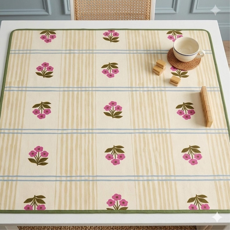 Mahjong Mat Table Game Surface Tile Protector Yellow Hand Painted Stripes Blue Accents Block Print Floral Design Green Border Square Pad Neoprene Fabric Nonslip Rubber Backing Stitched Edges Rounded Corners Game Room Accessory Player Gift
