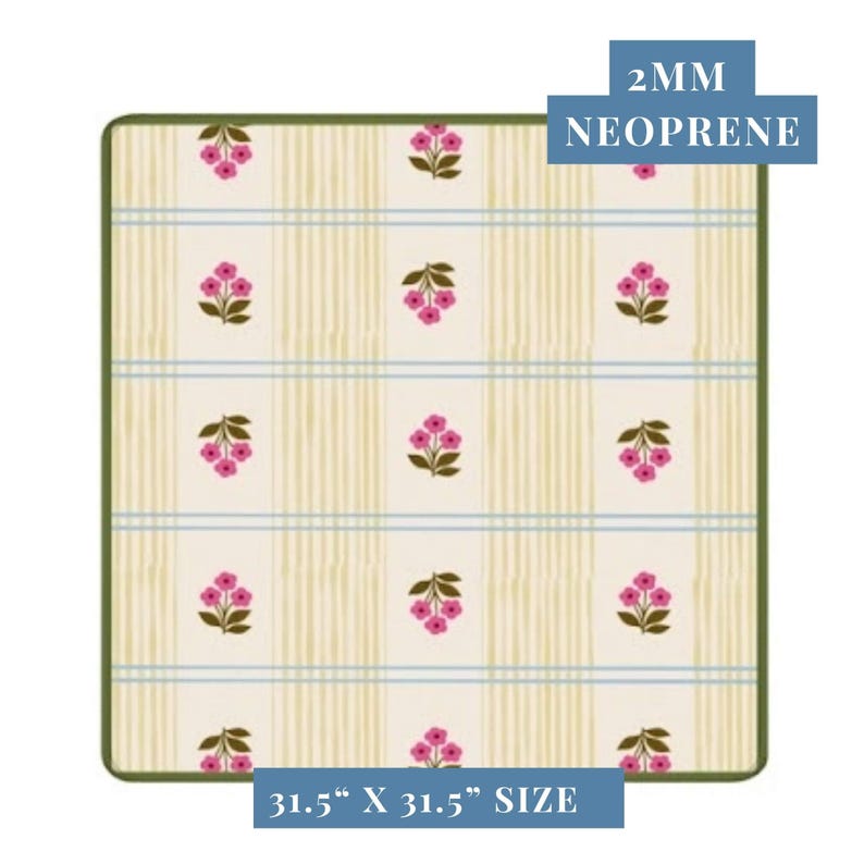 May include: A square neoprene mat with a floral pattern. The mat features a cream background with vertical stripes and square blocks containing pink flower clusters. The mat is 31.5" x 31.5" and 2mm thick.
