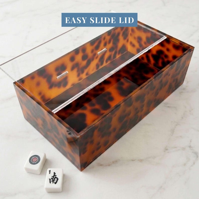 Luxury Mahjong Storage Box Premium Acrylic Case Clear Sliding Lid Design Tortoiseshell Pattern Display Container Game Organizer Tabletop Holder Keeper Tray Custom Dimensions Perfect Organization System Beautiful Transparent Construction
