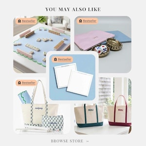 May include: A collection of products including a light blue mahjong mat, a pink zippered pouch with dice, personalized stationery, and canvas tote bags with the text MAHJ or mahjong in various colors, all labeled as Bestseller items.