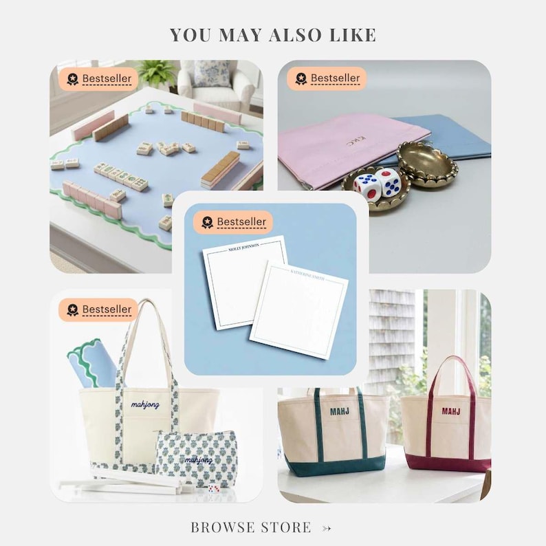 May include: A collection of products including a light blue mahjong mat, a pink zippered pouch with dice, personalized stationery, and canvas tote bags with the text MAHJ or mahjong in various colors, all labeled as Bestseller items.