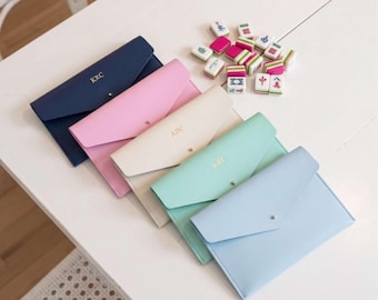 Mahjong Card Case Personalized Gift Monogram Holder Leather Clutch Card Storage Game Accessory Custom Design Embossed Initials Blue Mint