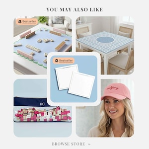 May include: A collage of images featuring mahjong-related items. Includes a mahjong table with tiles, a pink baseball cap with "mahjong" embroidered on it, a zippered case with tiles, and two notepads. The text "You May Also Like" is at the top.