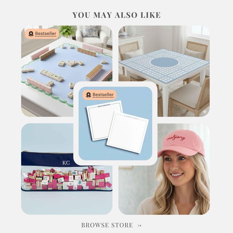 May include: A collage of images featuring mahjong-related items. Includes a mahjong table with tiles, a pink baseball cap with "mahjong" embroidered on it, a zippered case with tiles, and two notepads. The text "You May Also Like" is at the top.