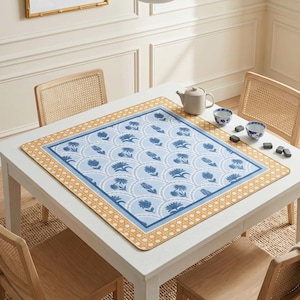Blue Design Floral Pattern Block Print Motif Mahjong Mat Neoprene Playmat Coastal Cane Border Gold Yellow Accent Details Custom Gift Mahjong Set Tile Protector Game Table Surface Non Slip Rubber Backing Stitched Edges Square Mat