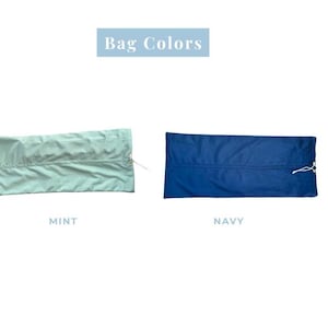 May include: Two rectangular drawstring bags are displayed side by side. The left bag is mint green, and the right bag is navy blue. Both bags feature a white drawstring closure on the right side. The text "Bag Colors" appears above, with "MINT" and "NAVY" labels below each respective bag.