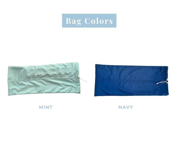 May include: Two rectangular drawstring bags are displayed side by side. The left bag is mint green, and the right bag is navy blue. Both bags feature a white drawstring closure on the right side. The text "Bag Colors" appears above, with "MINT" and "NAVY" labels below each respective bag.