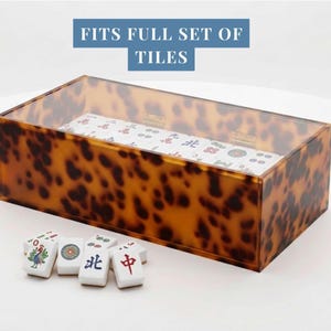 Custom Mahjong Tile Container Acrylic Storage Box Clear Case Design Sliding Lid Organizer Tortoiseshell Pattern Display Tabletop Holder Keeper Tray Premium Quality Construction Perfect Gaming Storage System Beautiful Transparent Protection