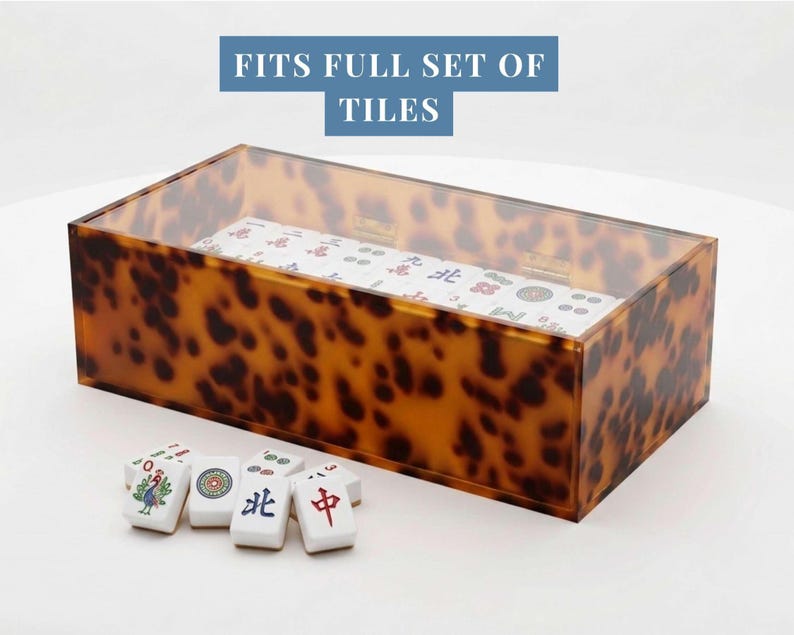 Custom Mahjong Tile Container Acrylic Storage Box Clear Case Design Sliding Lid Organizer Tortoiseshell Pattern Display Tabletop Holder Keeper Tray Premium Quality Construction Perfect Gaming Storage System Beautiful Transparent Protection