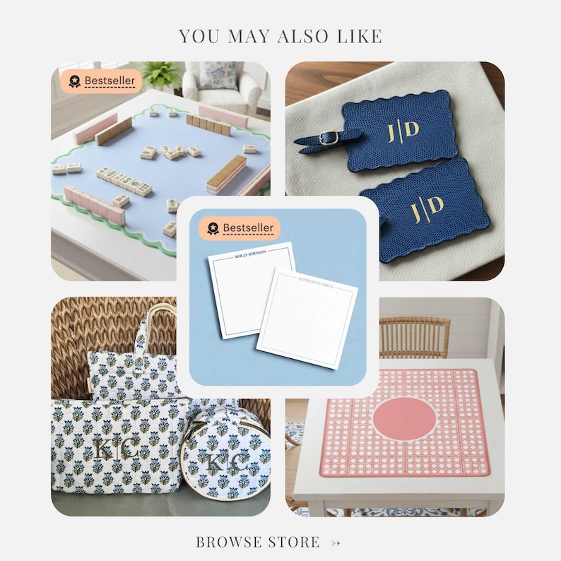 May include: A selection of homeware and lifestyle items. Features a Mahjong set, personalised luggage tags, notepads, tote bags, and a pink and white patterned mat. The products are presented on white surfaces.