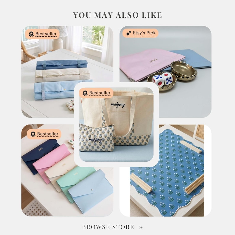 May include: A collection of mahjong accessories including rolled fabric mats in blue and beige, a canvas tote bag and matching pouch with mahjong text, envelope-style cases in various pastel colors, and a blue floral patterned game mat.