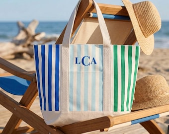 Personalized Beach Bag Monogram Stripe Cotton Tote Magnetic Closure Travel Accessory Weekend Getaway Vacation Carry Large Design Embroidered