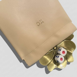 Elegant Mahjong Set Custom Dice Bag Personalized Monogram Pouch Luxury Game Accessory Magnetic Closure Feature PU Leather Construction Gold Foil Lettering Beautiful Brass Dish Lotus Design Detail Premium Quality Craftsmanship Perfect Gift