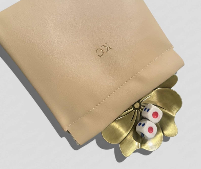 Elegant Mahjong Set Custom Dice Bag Personalized Monogram Pouch Luxury Game Accessory Magnetic Closure Feature PU Leather Construction Gold Foil Lettering Beautiful Brass Dish Lotus Design Detail Premium Quality Craftsmanship Perfect Gift