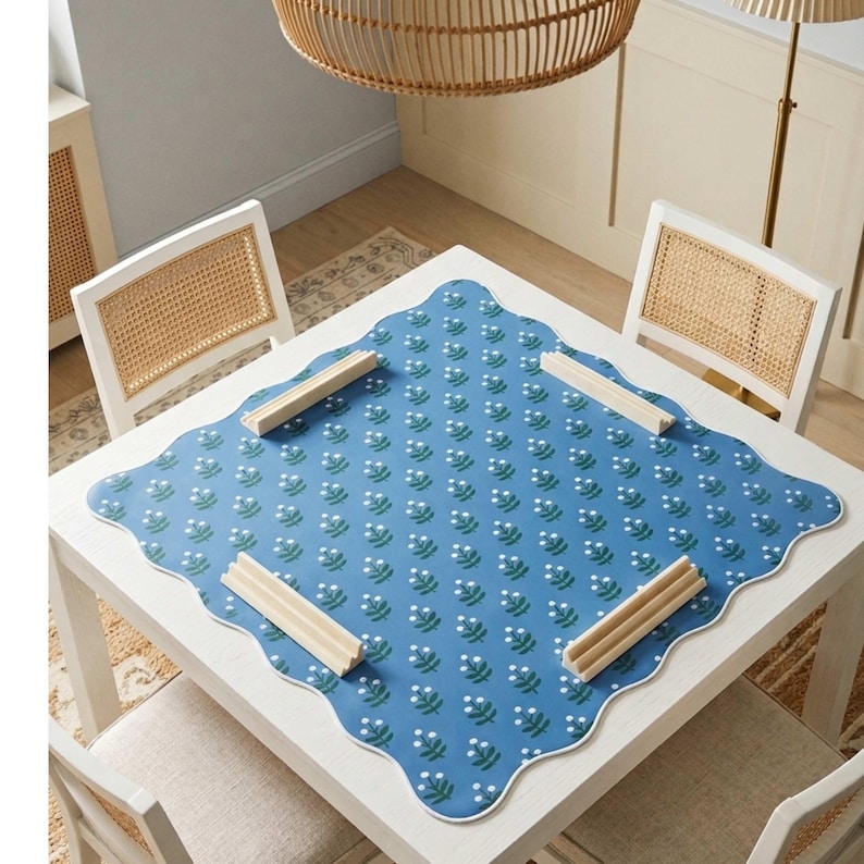 Mahjong Table Mat Neoprene Game Pad Soft Pink Floral Playing Surface Blue Tile Cover Scalloped Edge Protector Portable Travel Case Canvas Bag Gift Premium Quality Construction Perfect Mahjong Enthusiast Present Beautiful Design Pattern