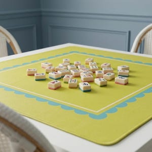 K&ouml;nnte beinhalten: Ein Satz elfenbeinfarbener Mahjong-Steine mit farbenfrohen Markierungen liegt auf einer limettengr&uuml;nen Matte. Die Matte hat einen wellenf&ouml;rmigen Rand in Hellblau. Die Steine haben rote, blaue und gr&uuml;ne Akzente. Das Spiel steht auf einem wei&szlig;en Tisch.