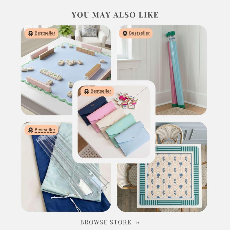 May include: A collage of product images, including a Mahjong set on a light blue mat, colorful document holders, and a patterned rug. The text "YOU MAY ALSO LIKE" and "BROWSE STORE" are visible.