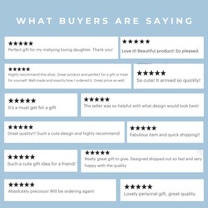 May include: A light blue graphic with the text "WHAT BUYERS ARE SAYING" at the top. Below are customer reviews with star ratings, praising product quality, design, and shipping speed. The reviews highlight gift ideas and customer satisfaction.
