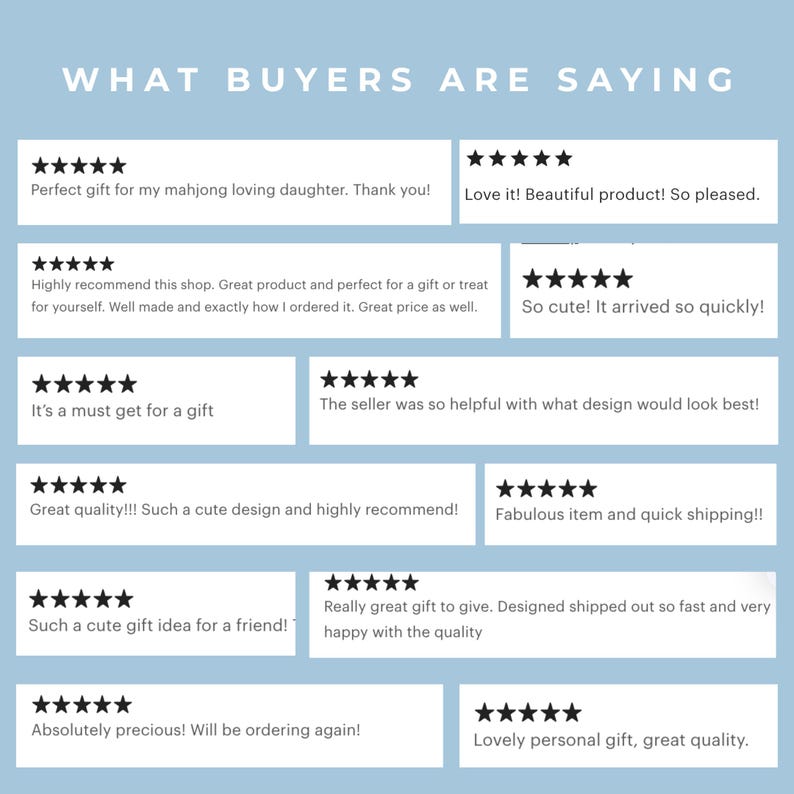 May include: A light blue graphic with the text "WHAT BUYERS ARE SAYING" at the top. Below are customer reviews with star ratings, praising product quality, design, and shipping speed. The reviews highlight gift ideas and customer satisfaction.