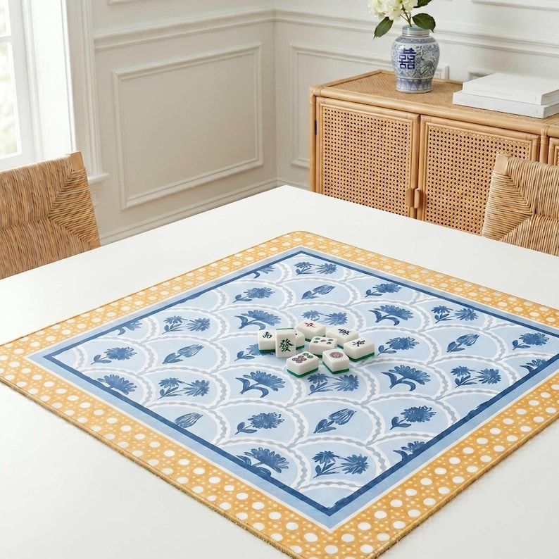 Mahjong Mat Neoprene Playmat Blue Floral Pattern Coastal Design Block Print Motif Tulip Carnation Details Cane Border Gold Yellow Accent Custom Gift Set Tile Protector Game Table Mat Non Slip Backing Stitched Edges Rounded Corners Square