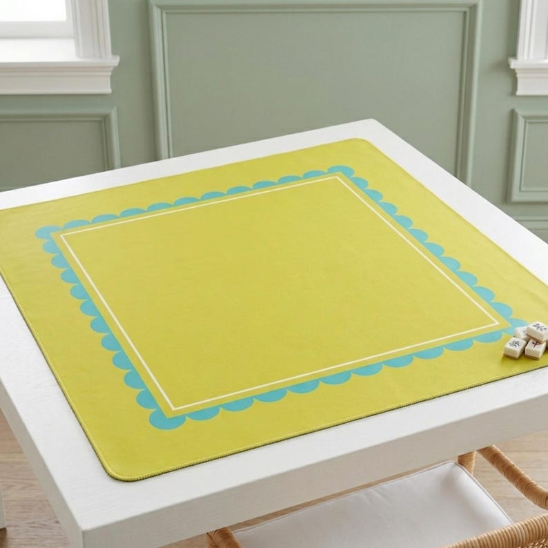 Mahjong Table Mat Waterproof Surface Nonslip Rubber Backing Chartreuse Yellow Turquoise Scallop Border Design Square Gaming Surface Soft Fabric Top Layer Tile Protector Mat Game Night Essential Stitched Edges Neoprene Construction Premium