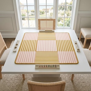 Neoprene Game Mat Premium Construction Mahjong Table Surface 33 Inch Square Playmat Pink Yellow Pattern Design Nonslip Rubber Backing Soft Fabric Top Gold Border Trim Stitched Edges Chinese Wind Characters Game Room Protection Pad Tile
