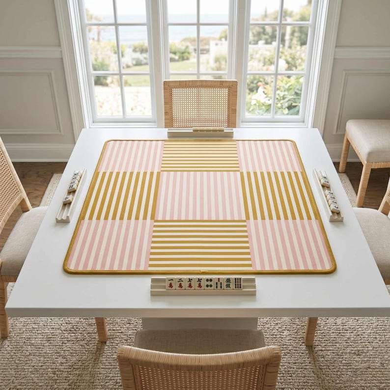 Neoprene Game Mat Premium Construction Mahjong Table Surface 33 Inch Square Playmat Pink Yellow Pattern Design Nonslip Rubber Backing Soft Fabric Top Gold Border Trim Stitched Edges Chinese Wind Characters Game Room Protection Pad Tile