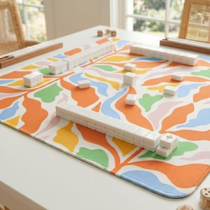 Square Gaming Accessory Mahjong Mat Table Protector Game Room Summer Playmat Neoprene Surface Non Slip Pad Floral Design Colorful Pastel Pattern Player Gift Enthusiast Present Coral Blue Yellow Pink USA Made Quality Stitched Edges