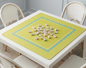 Tapete de Mahjong, superficie antideslizante de goma, base de neopreno, borde festoneado amarillo chartreuse turquesa, juego de accesorios para Mahjong.